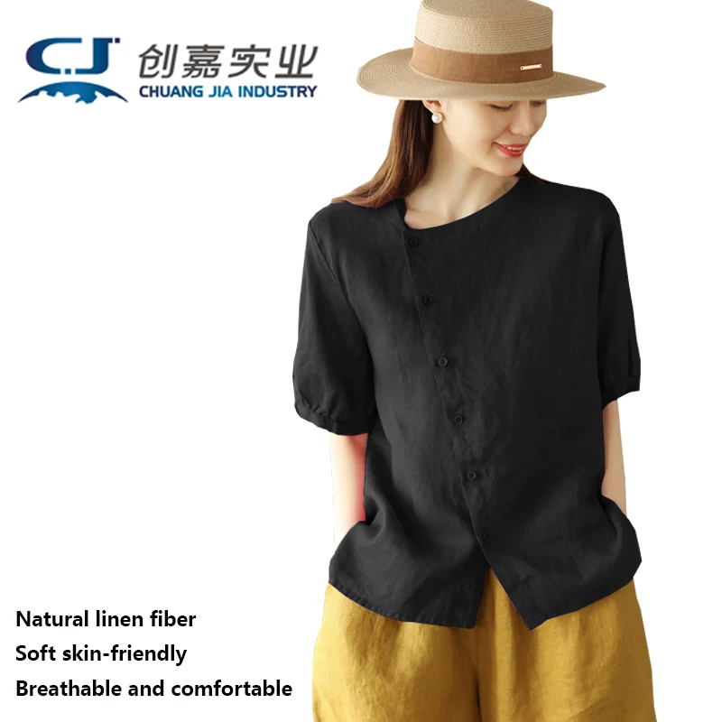 Natural Pure Linen Women's Shirt, Original Design, Black Short-sleeved Cross-neck Top, Elegant Casual Women's Wear Spring Summer
Natural Pure Linen Women's Shirt, Original Design, Black Short-sleeved Cross-neck Top, Elegant Casual Women's Wear Spring Summer