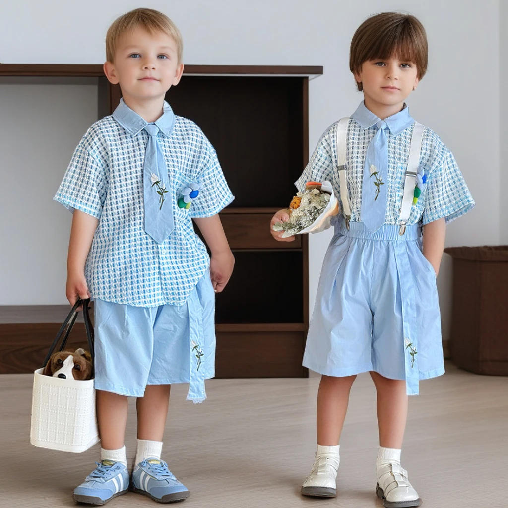 2025 New Summer Boys Outfits Blue Short Sleeve Checkered Shirt Overalls Shorts 2- Piece Fashion Casual School Kids Clothes Set
2025 New Summer Boys Outfits Blue Short Sleeve Checkered Shirt Overalls Shorts 2- Piece Fashion Casual School Kids Clothes Set