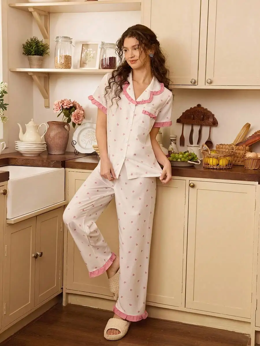 Womens Heart Print Ruffled Pajama Set With Button Front And Pocket
Womens Heart Print Ruffled Pajama Set With Button Front And Pocket