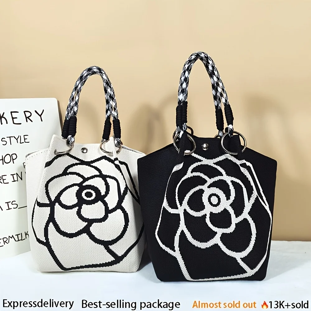 1 piece of women's floral knitted design black and white diamond knitted tote bag casual and versatile large capacity
1 piece of women's floral knitted design black and white diamond knitted tote bag casual and versatile large capacity