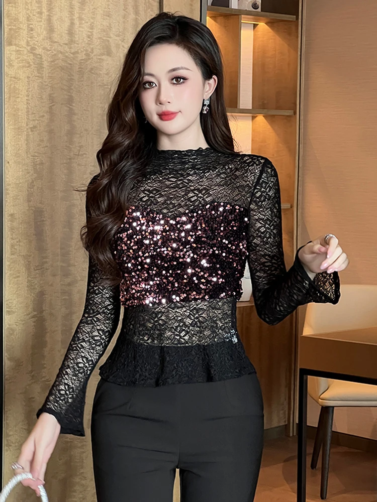 Women's Clothing Chic Black Lace Sexy T-Shirt Ladies Elegant Perspective Short Blouses Sequin Tops Bottom Pullover Jumper Party
Women's Clothing Chic Black Lace Sexy T-Shirt Ladies Elegant Perspective Short Blouses Sequin Tops Bottom Pullover Jumper Party
