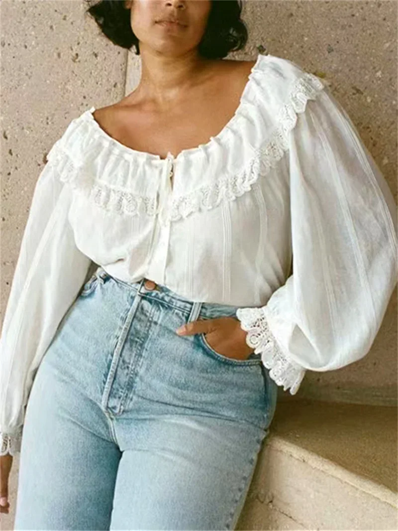 Women's Lace Trim Sweet Shirt White Lace-up Long Puff Sleeve Single Breasted Female Blouse 2024 Spring
Women's Lace Trim Sweet Shirt White Lace-up Long Puff Sleeve Single Breasted Female Blouse 2024 Spring