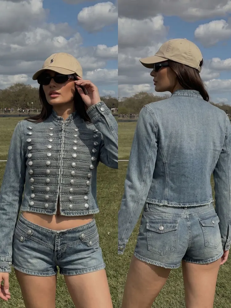 HH Women Fashion Full Sleeve Stand Collar Denim Jacket Vintage Double Breasted Decoration Short Coats Woman Elegant Streetwear
HH Women Fashion Full Sleeve Stand Collar Denim Jacket Vintage Double Breasted Decoration Short Coats Woman Elegant Streetwear
