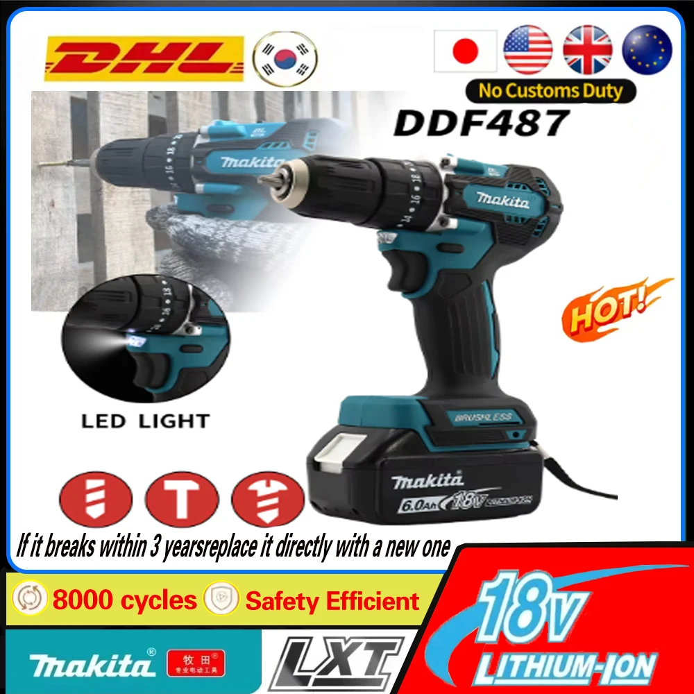 18V Makita DDF487 10mm brushless 18V lithium rechargeable impact drill household hand drill high torque electric screwdriver
18V Makita DDF487 10mm brushless 18V lithium rechargeable impact drill household hand drill high torque electric screwdriver