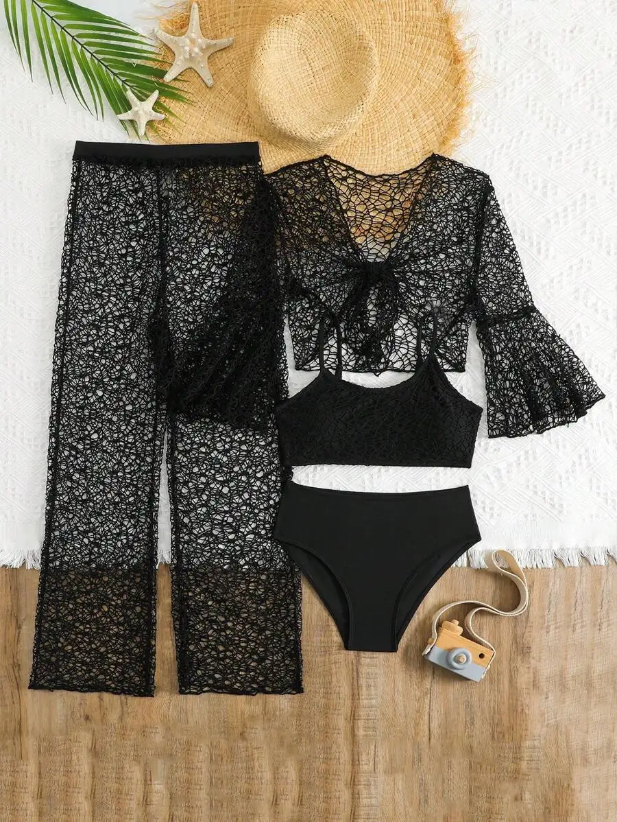 Black Lace Mesh Four-Piece Swim Set With Flared Sleeve Cover-Up, High-Waist Bottoms, And Sheer Pants For Beach Summer Vacation
Black Lace Mesh Four-Piece Swim Set With Flared Sleeve Cover-Up, High-Waist Bottoms, And Sheer Pants For Beach Summer Vacation