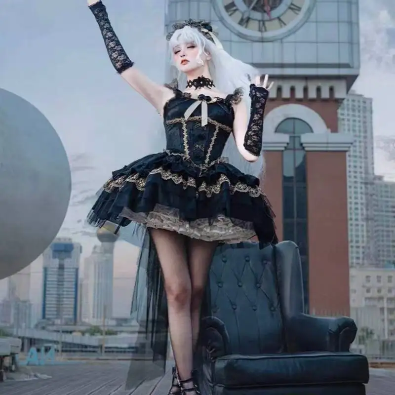 Gothic Lolita Black Dress with Gold Lace Victorian Corset Style High Low Tulle Skirt Women's Elegant Cosplay & Party Outfit
Gothic Lolita Black Dress with Gold Lace Victorian Corset Style High Low Tulle Skirt Women's Elegant Cosplay & Party Outfit