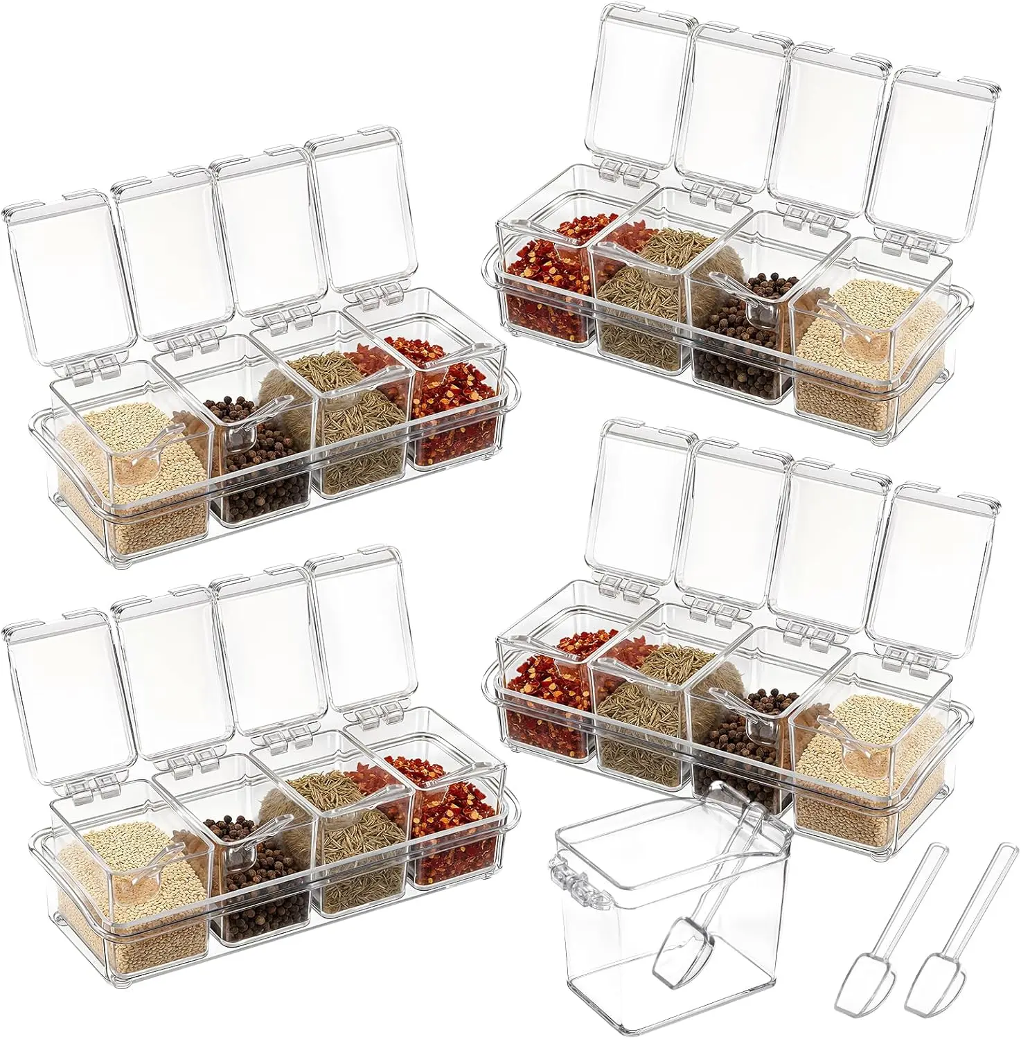 4 Set Acrylic Clear Seasoning Rack Spice Box Condiment Containers Spices Storage Jars Kitchen Countertop Organizer Box