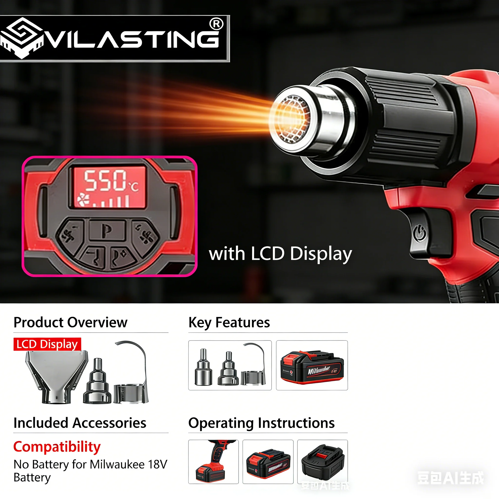 VILASTING Hot Air Gun Adjustable Temperature Cordless Electric Heat Gun with Nozzles LED Display For Milwaukee 18V Battery Pin
VILASTING Hot Air Gun Adjustable Temperature Cordless Electric Heat Gun with Nozzles LED Display For Milwaukee 18V Battery Pin