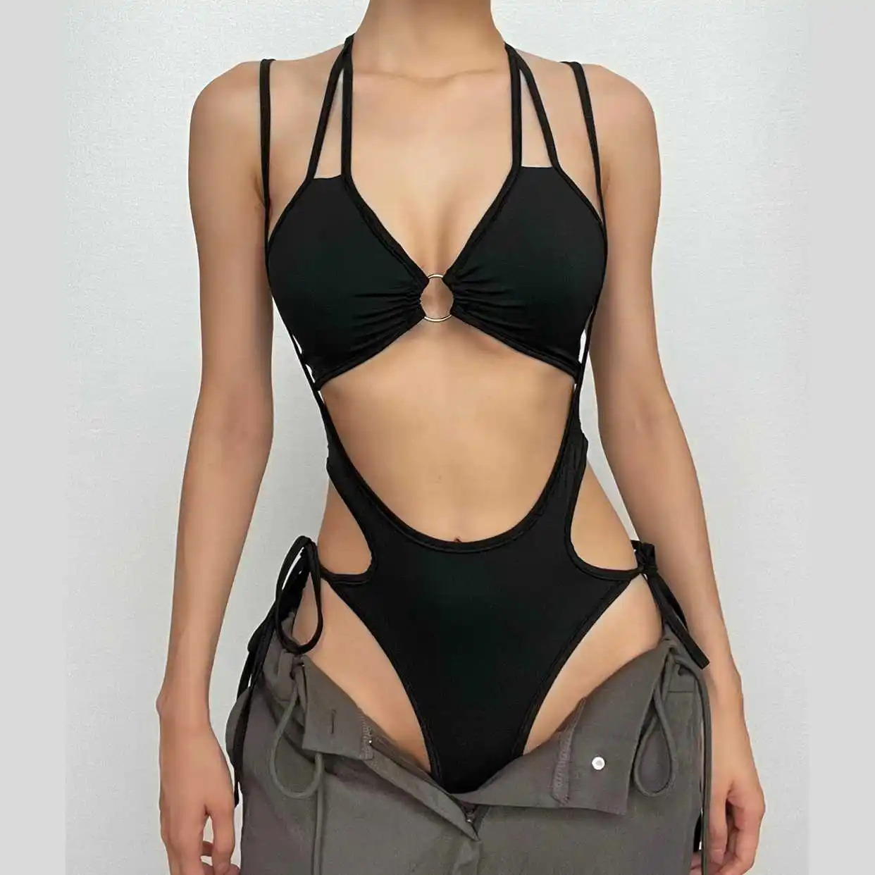 Sexy Halter Neck Lace Up Swimwear Women's One Piece Swimsuit Fashion Lady Metal Ring Accents Bodysuit Mujer Holiday Bathing Suit
Sexy Halter Neck Lace Up Swimwear Women's One Piece Swimsuit Fashion Lady Metal Ring Accents Bodysuit Mujer Holiday Bathing Suit