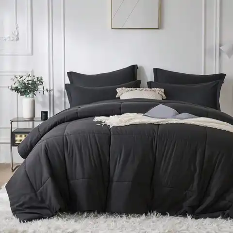 5/7-Piece Solid Colour Checkered Bed Comforter Sets Queen - Soft Microfiber, Lightweight, All-Season, Twin/Full/Queen/King Size