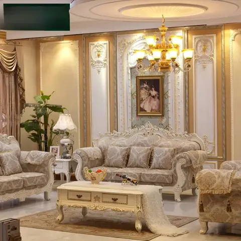 Conjunto de sofás de tela europea, diseño de flores talladas de madera maciza grande Pastoral, sofá tapizado francés de alta gama