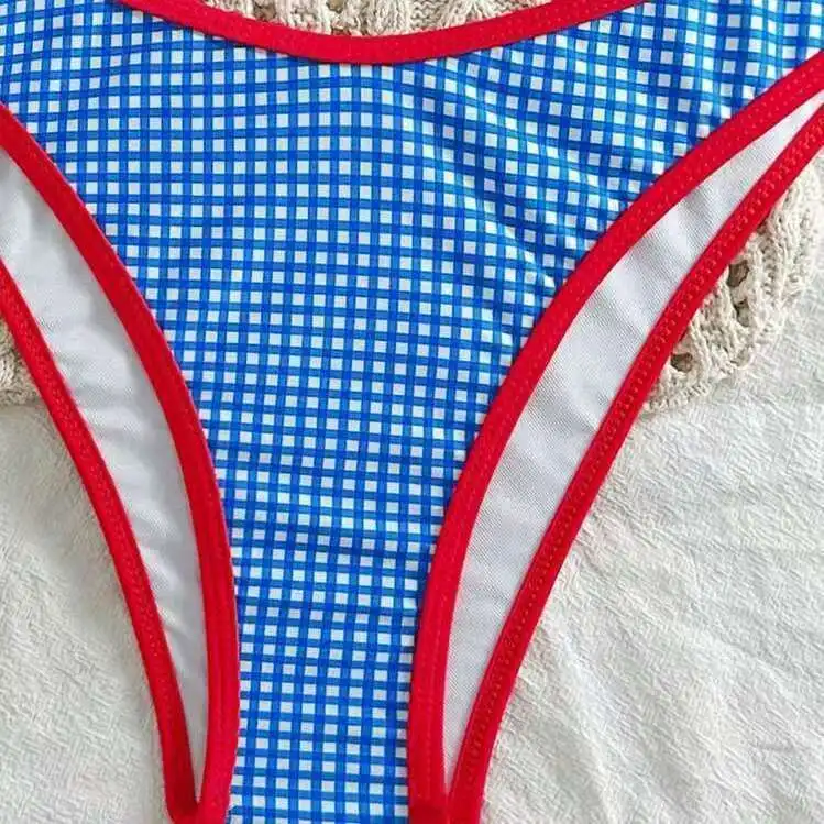Sexy Blue Gingham Triangle Bikini Set for Women Contrast Red Trim High Cut Summer Beach Bathing Suit
Sexy Blue Gingham Triangle Bikini Set for Women Contrast Red Trim High Cut Summer Beach Bathing Suit