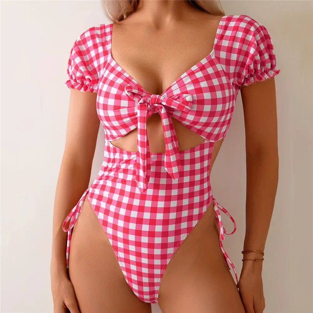 Pink Plaid Backless Swimwear Front Knotted Sexy Swimsuit Woman One Piece 2025 Hollow Out Drawstring Puff Sleeve Bodysuit Bather
Pink Plaid Backless Swimwear Front Knotted Sexy Swimsuit Woman One Piece 2025 Hollow Out Drawstring Puff Sleeve Bodysuit Bather