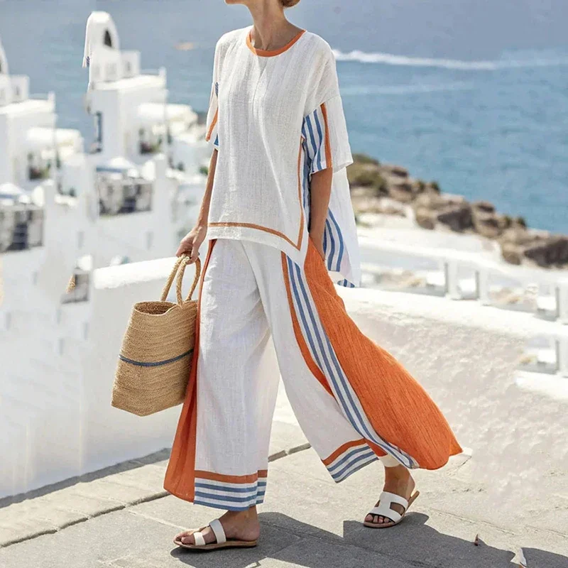 Wide Leg Pants Short Sleeved Long Pants two piece women outfits Striped Printed Women Holiday Pocket Casual Loose Large Big Size 
Wide Leg Pants Short Sleeved Long Pants two piece women outfits Striped Printed Women Holiday Pocket Casual Loose Large Big Size