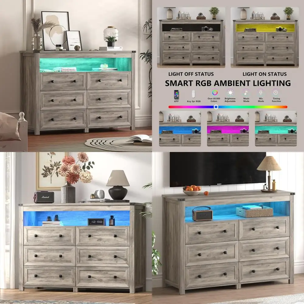 Комод для спальни с 6 ящиками, LED-подсветкой и розеткой, деревянный шкаф для хранения одежды, серый
Комод для спальни с 6 ящиками, LED-подсветкой и розеткой, деревянный шкаф для хранения одежды, серый