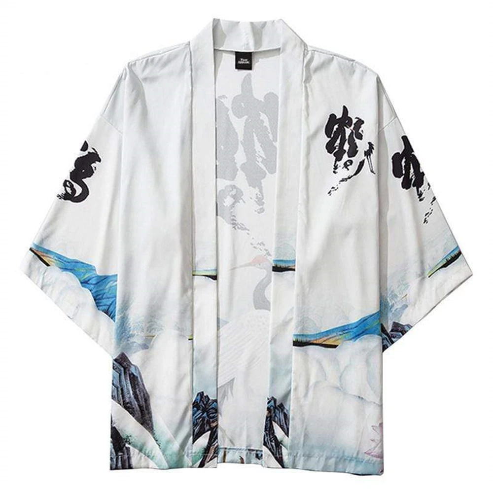 Summer Fashion New Men's Cardigan Kimono Chinese Crane Calligraphy Printed Casual Men's Tops Loose Three-quarter Sleeve Cardigan
Summer Fashion New Men's Cardigan Kimono Chinese Crane Calligraphy Printed Casual Men's Tops Loose Three-quarter Sleeve Cardigan
