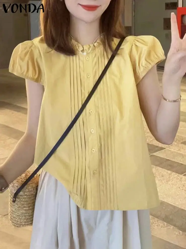 Summer Women Blouse 2024 VONDA Elegant Ruffled Shirts Solid Color Casual Short Puff Sleeve Tops Loose Stand Collar Blusas Femme
Summer Women Blouse 2024 VONDA Elegant Ruffled Shirts Solid Color Casual Short Puff Sleeve Tops Loose Stand Collar Blusas Femme