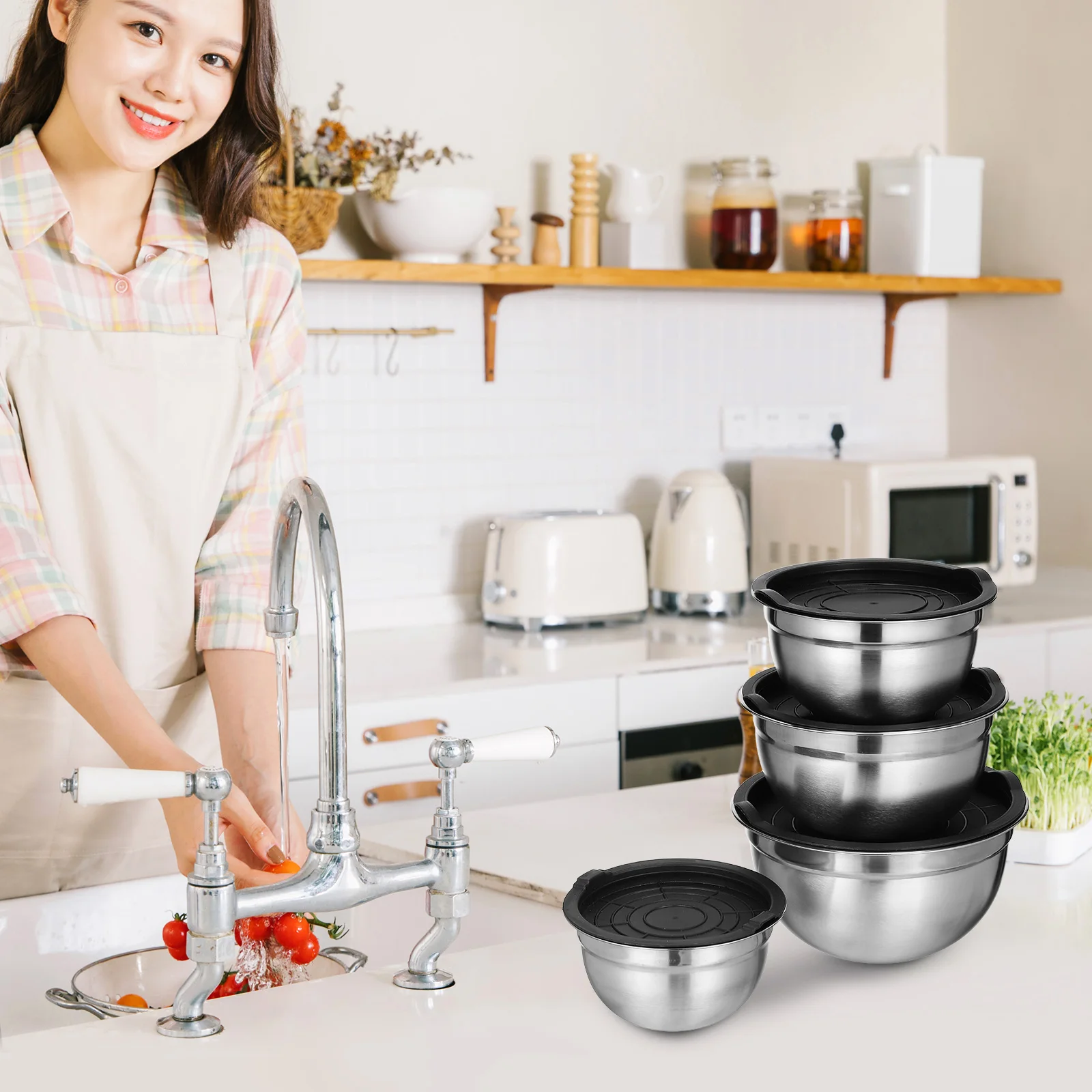 4 pcs Stainless Steel Set With Lids Stackable Baking For Kitchen Salad Serving Whisking Large Capacity Metal Nesting Baking
4 pcs Stainless Steel Set With Lids Stackable Baking For Kitchen Salad Serving Whisking Large Capacity Metal Nesting Baking