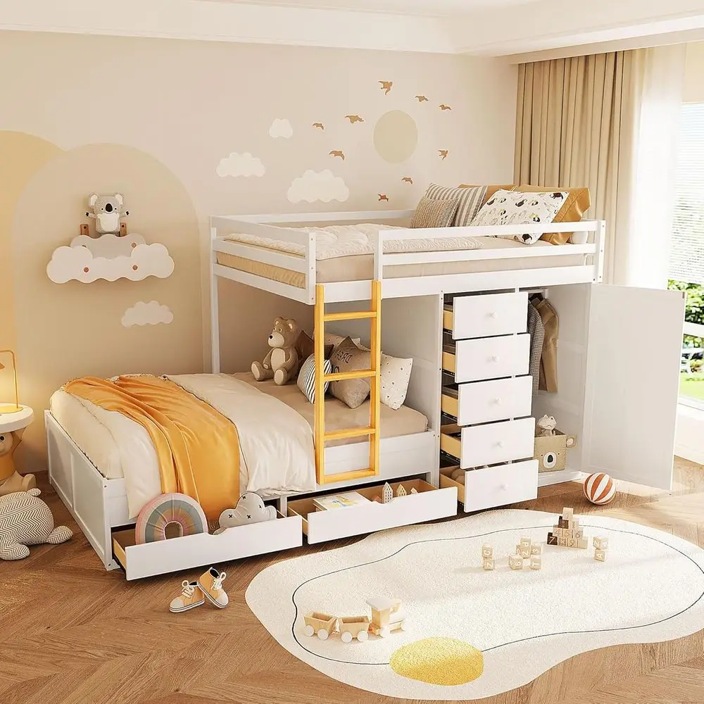White Wooden Full Over Full Bunk Bed with 2 Large Drawers and 5 Small Drawers, Including Small Wardrobe
White Wooden Full Over Full Bunk Bed with 2 Large Drawers and 5 Small Drawers, Including Small Wardrobe