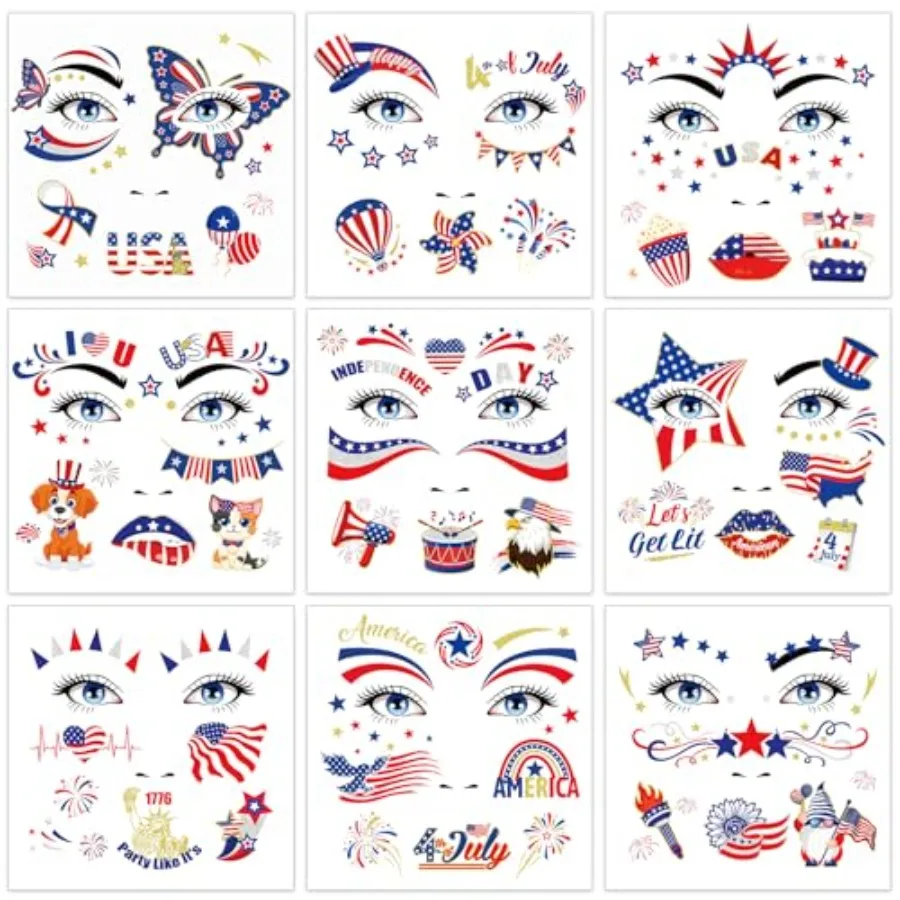 9 Sheets USA Glitter Face Tattoos, 4th of July Face Art Temporary Tattoo for USA Patriotic Parades Celebrations, Red White Blue
9 Sheets USA Glitter Face Tattoos, 4th of July Face Art Temporary Tattoo for USA Patriotic Parades Celebrations, Red White Blue