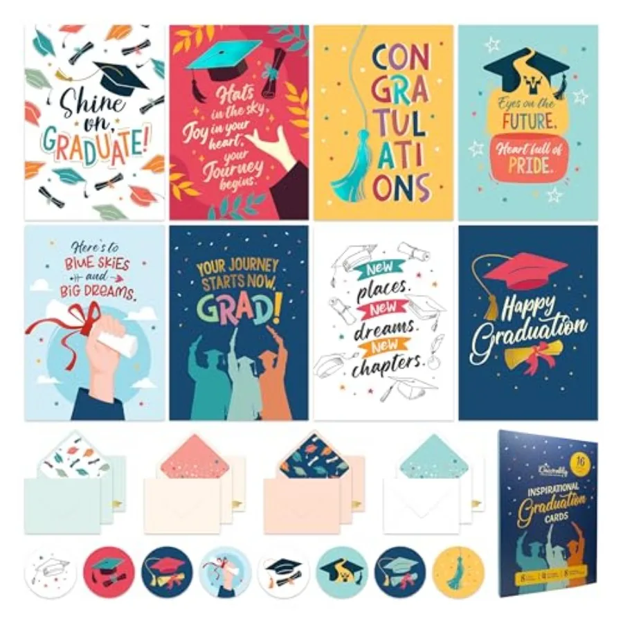 16 Pack Foiled 5x7in Inspirational Graduation Cards Assortment with Envelopes and Stickers - 8 Festive Designs for College High
16 Pack Foiled 5x7in Inspirational Graduation Cards Assortment with Envelopes and Stickers - 8 Festive Designs for College High