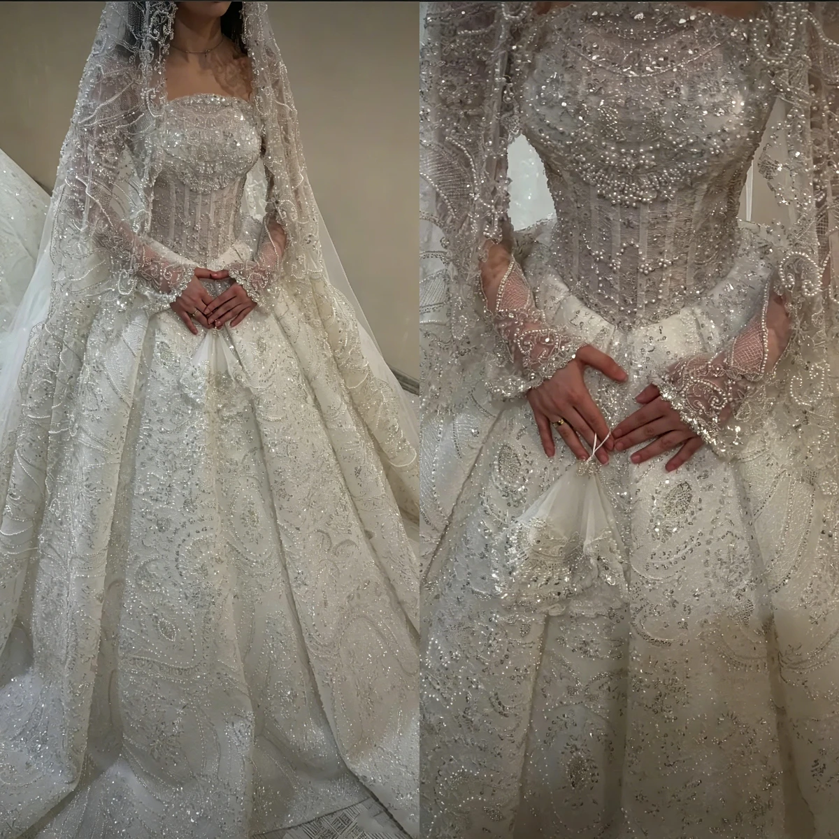 Luxurious Lace Crystal Bead Decoration Women's Wedding Dress Strapless Long Sleeved With Trailing Vestido De Novia Customized
Luxurious Lace Crystal Bead Decoration Women's Wedding Dress Strapless Long Sleeved With Trailing Vestido De Novia Customized