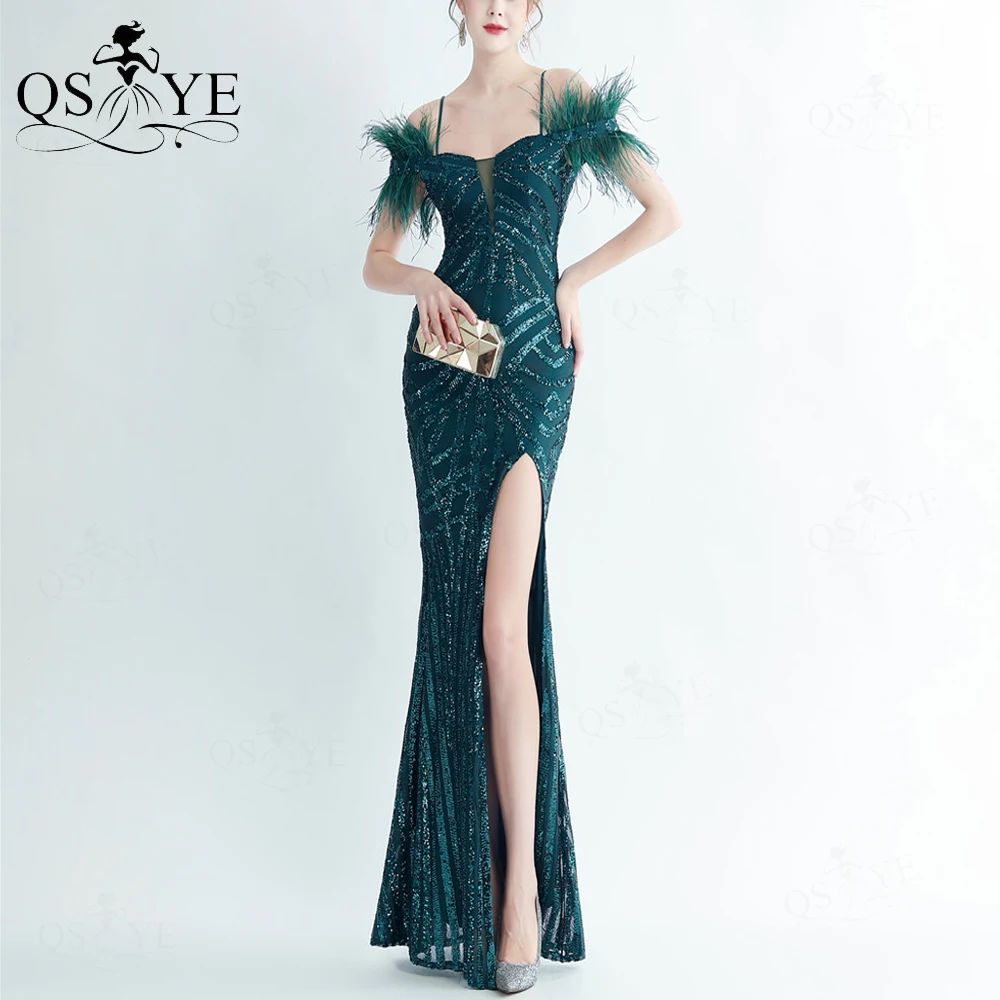 Feathers Green Long Prom Dresses Off Shoulder Pattern Sequin Spaghetti Straps Evening Gown Sweetheart Neck Split Party Dress
Feathers Green Long Prom Dresses Off Shoulder Pattern Sequin Spaghetti Straps Evening Gown Sweetheart Neck Split Party Dress