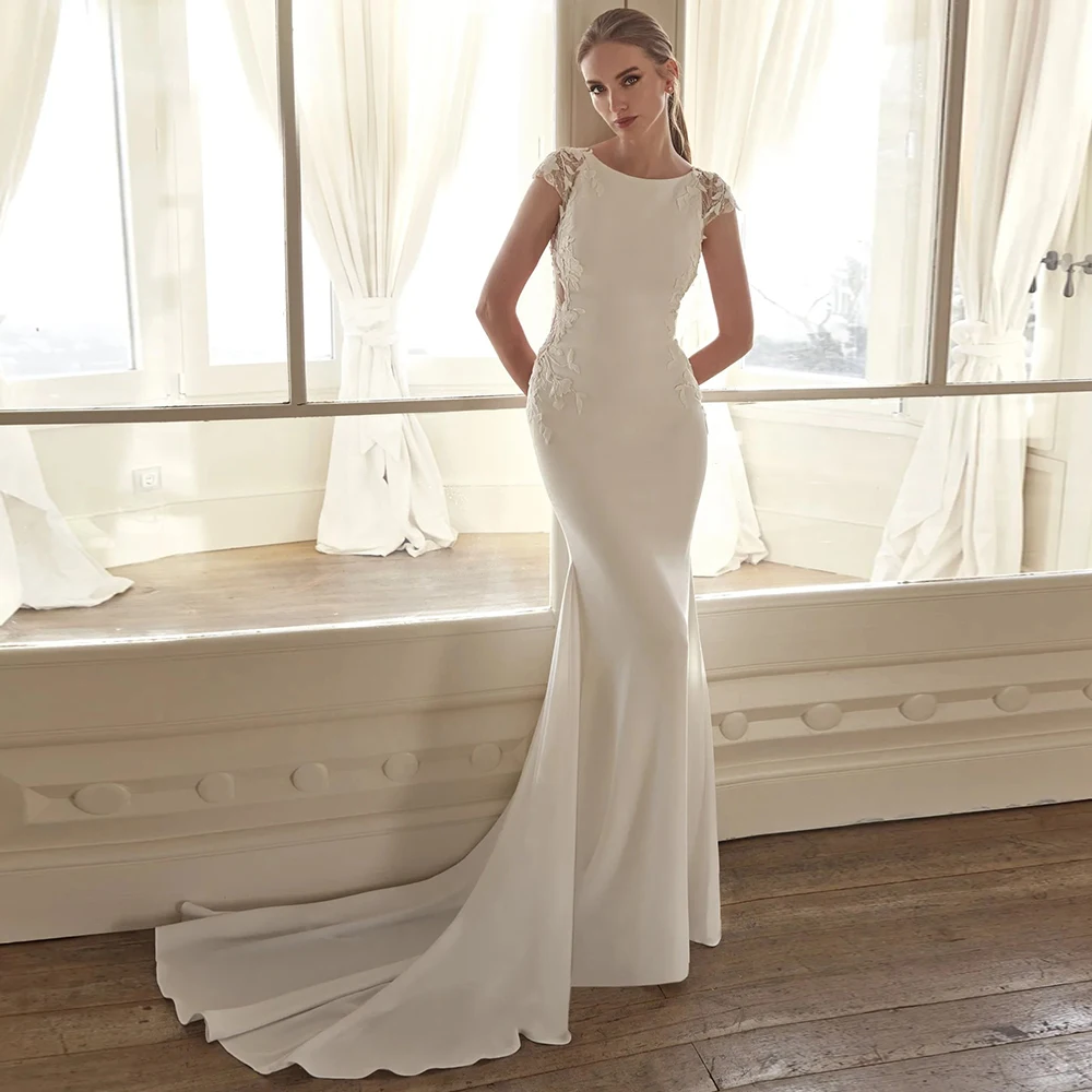 Romantic Women White Mermaid Wedding Dress with Lce Short Sleeves Crew Neck Appliques Button Back Customized Bridal Gowns
Romantic Women White Mermaid Wedding Dress with Lce Short Sleeves Crew Neck Appliques Button Back Customized Bridal Gowns