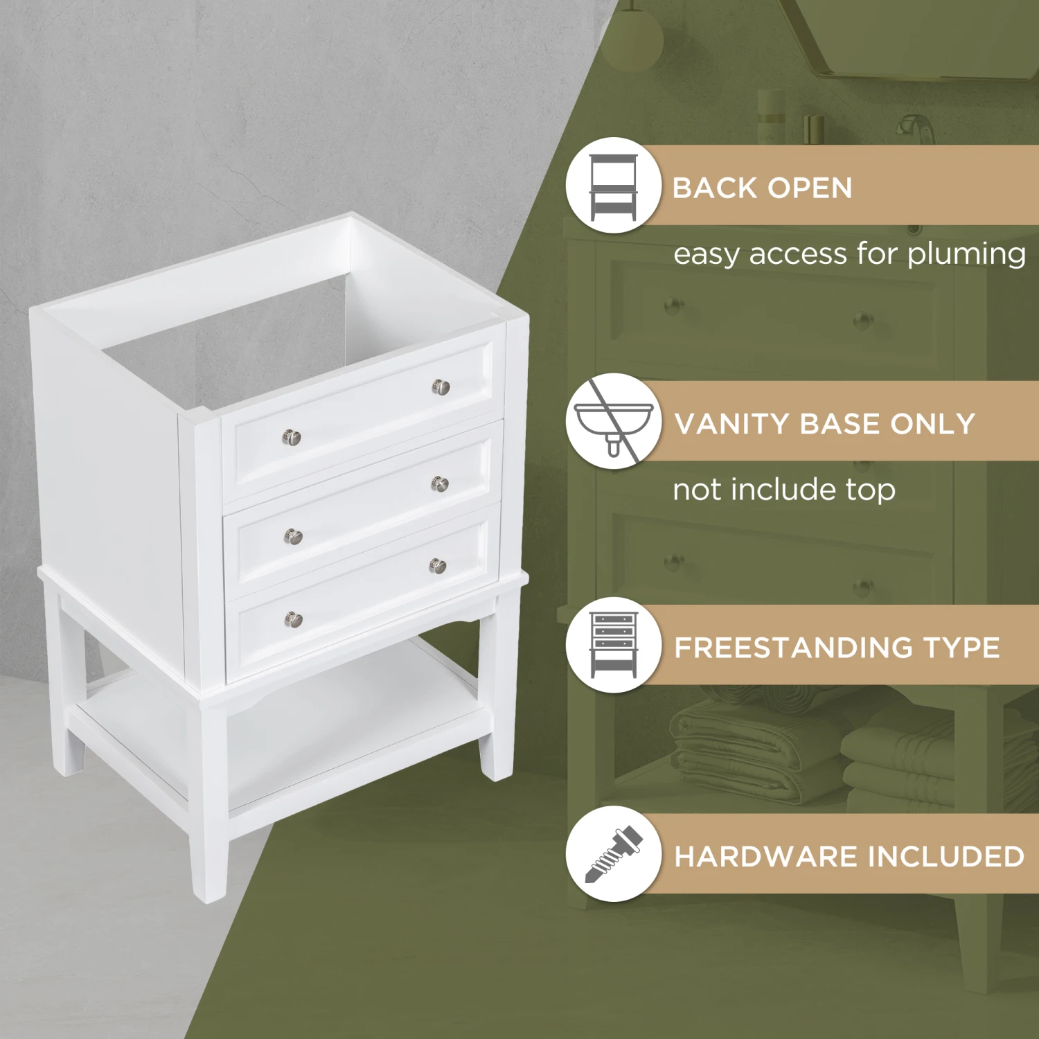 24" Bathroom Vanity Without Sink, Base Only, Solid Wood Frame, Bathroom Storage Cabinet with Drawer and Open Shelf, White
24" Bathroom Vanity Without Sink, Base Only, Solid Wood Frame, Bathroom Storage Cabinet with Drawer and Open Shelf, White