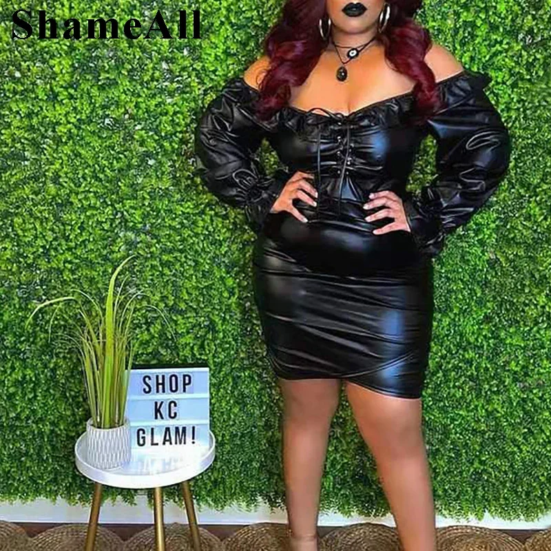 Plus Size Long Puff Sleeve Ruffle Slash Neck Pu Leather Pleated Sexy Mini Dress 4XL Autumn Women Party Club Streetwear Dresses
Plus Size Long Puff Sleeve Ruffle Slash Neck Pu Leather Pleated Sexy Mini Dress 4XL Autumn Women Party Club Streetwear Dresses