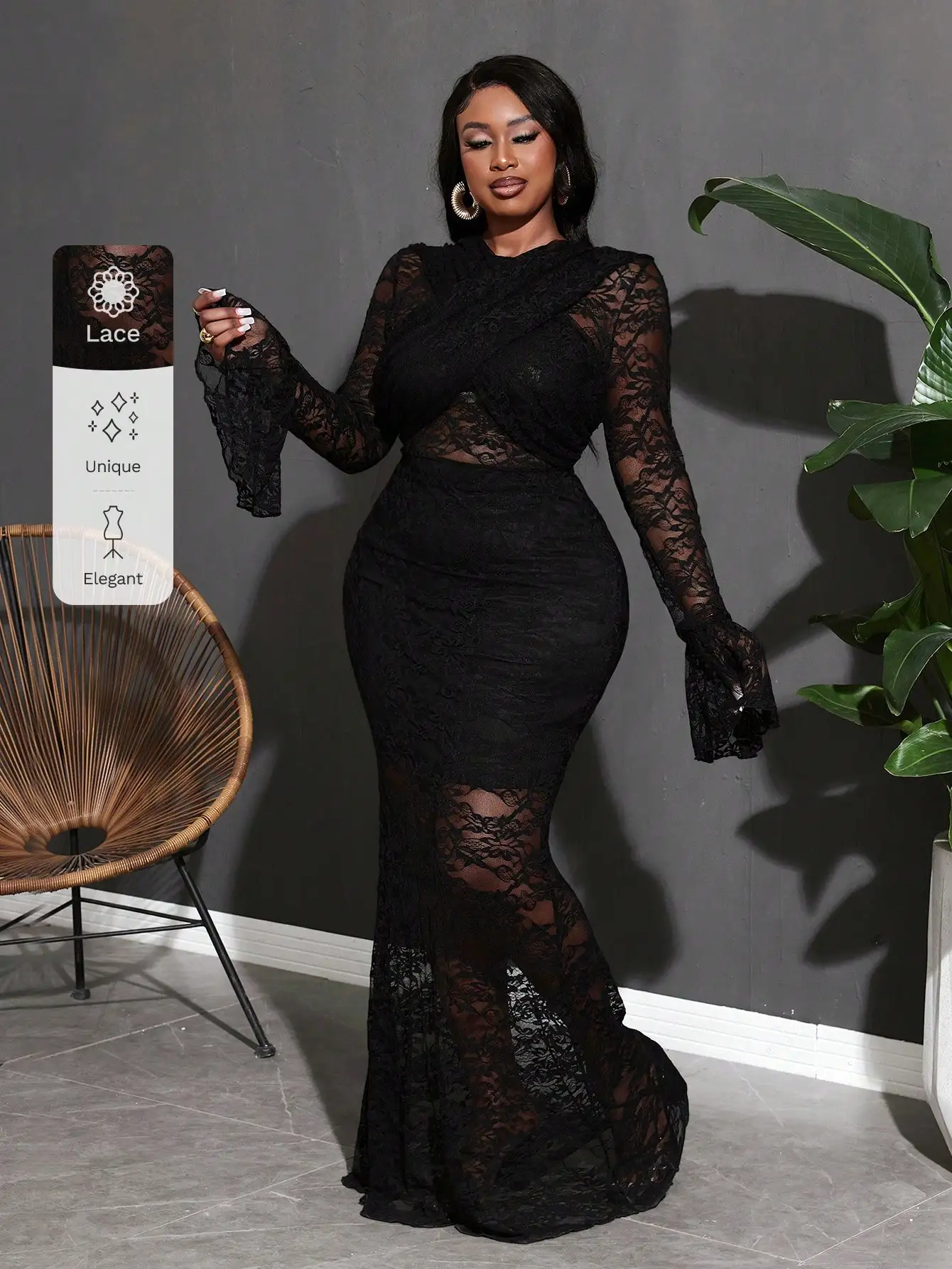 Black Lace Long Sleeve Fish-Tail Bodycon Dress with Trumpet Sleeves and Sheer Panels
Black Lace Long Sleeve Fish-Tail Bodycon Dress with Trumpet Sleeves and Sheer Panels