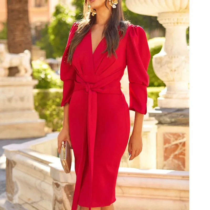 Women's Autumn/winter Dress Dress New High Fanny Pack Hip Slim-fit MIDI One-step Skirt Bubble Sleeves V-neck Nine-point Sleeves
Women's Autumn/winter Dress Dress New High Fanny Pack Hip Slim-fit MIDI One-step Skirt Bubble Sleeves V-neck Nine-point Sleeves