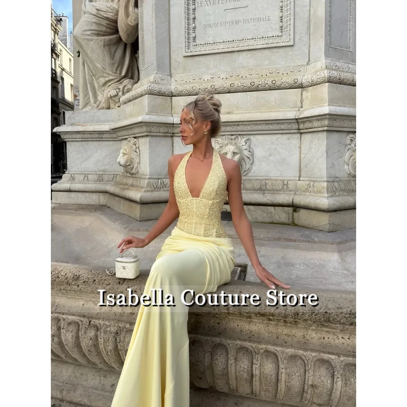 Customized Yellow Sleeveless Mermaid Glitter Prom Dress Halter Neck Pleated vestidos de noche Floor-length Formal Evening
Customized Yellow Sleeveless Mermaid Glitter Prom Dress Halter Neck Pleated vestidos de noche Floor-length Formal Evening