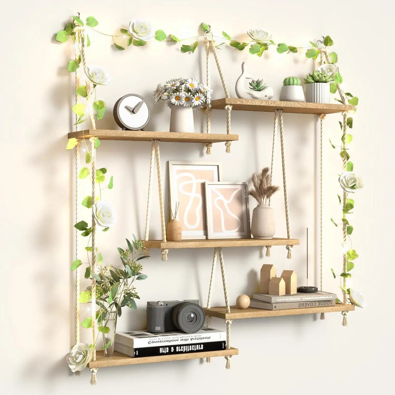5-Tier Boho Wall Shelves with Vine Lights, Macrame Floating Racks for Succulents, Bedroom & Kitchen Decor
5-Tier Boho Wall Shelves with Vine Lights, Macrame Floating Racks for Succulents, Bedroom & Kitchen Decor