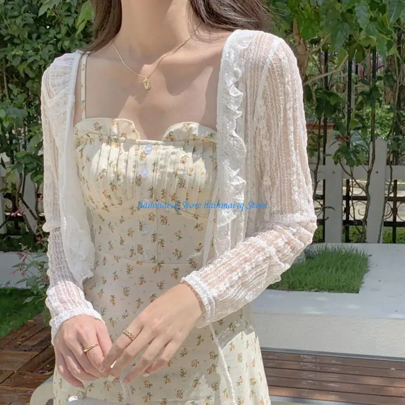 573B Women Summer Long Sleeve Lace Shrug Tie Knot Front Striped Mesh Cropped Cardigan Ruffle Trim Sheer Beach Cover Up for Ja
573B Women Summer Long Sleeve Lace Shrug Tie Knot Front Striped Mesh Cropped Cardigan Ruffle Trim Sheer Beach Cover Up for Ja