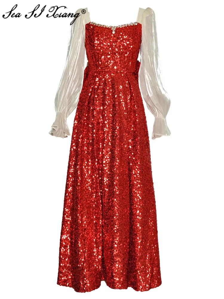 Seasixiang Fashion Autumn Dress Women Square Collar Lantern Sleeve luxurious Diamonds Sequins Vintage Lace-up Backless Dresses
Seasixiang Fashion Autumn Dress Women Square Collar Lantern Sleeve luxurious Diamonds Sequins Vintage Lace-up Backless Dresses