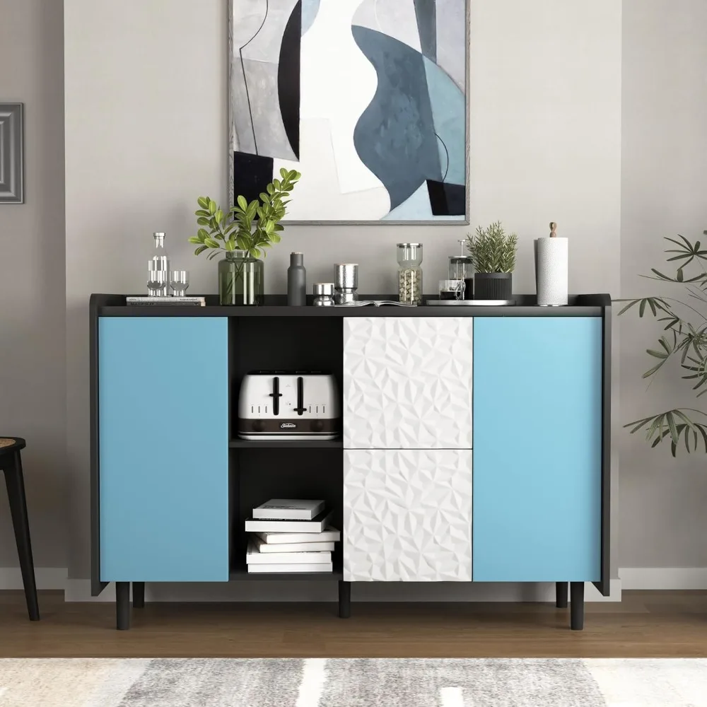 Sideboard Buffet Cabinet, Black Storage Cabinet with Blue Doors2Drawers with Unique Panel Styling and 2 Open Storage Compartment
Sideboard Buffet Cabinet, Black Storage Cabinet with Blue Doors2Drawers with Unique Panel Styling and 2 Open Storage Compartment