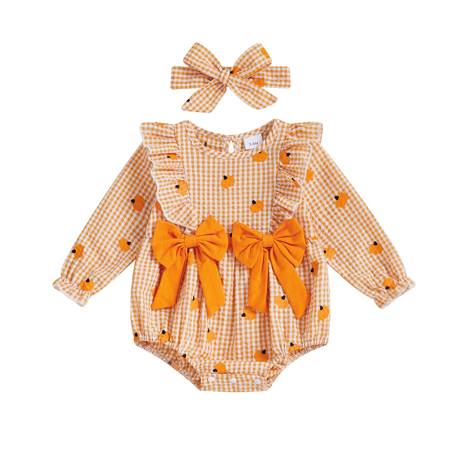Наряд для новорожденных девочек, клетчатый комбинезон с длинными рукавами и круглым вырезом с принтом тыквы и повязкой для волос, одежда на Хэллоуин
Наряд для новорожденных девочек, клетчатый комбинезон с длинными рукавами и круглым вырезом с принтом тыквы и повязкой для волос, одежда на Хэллоуин