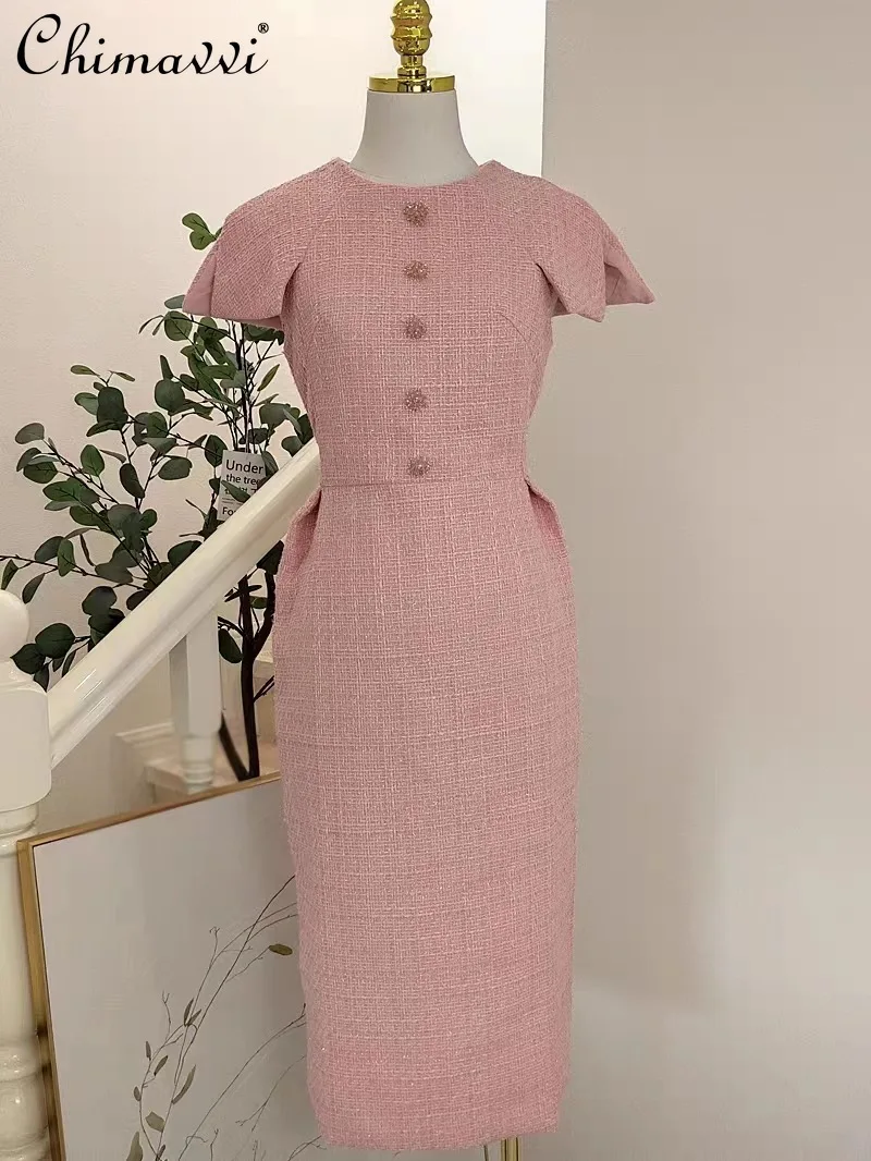 French Elegant Gentle Style Round Neck Short Sleeve Diamond Buckle High Waist Pink Tweed Hip-wrapped Long Evening Dress Women
French Elegant Gentle Style Round Neck Short Sleeve Diamond Buckle High Waist Pink Tweed Hip-wrapped Long Evening Dress Women