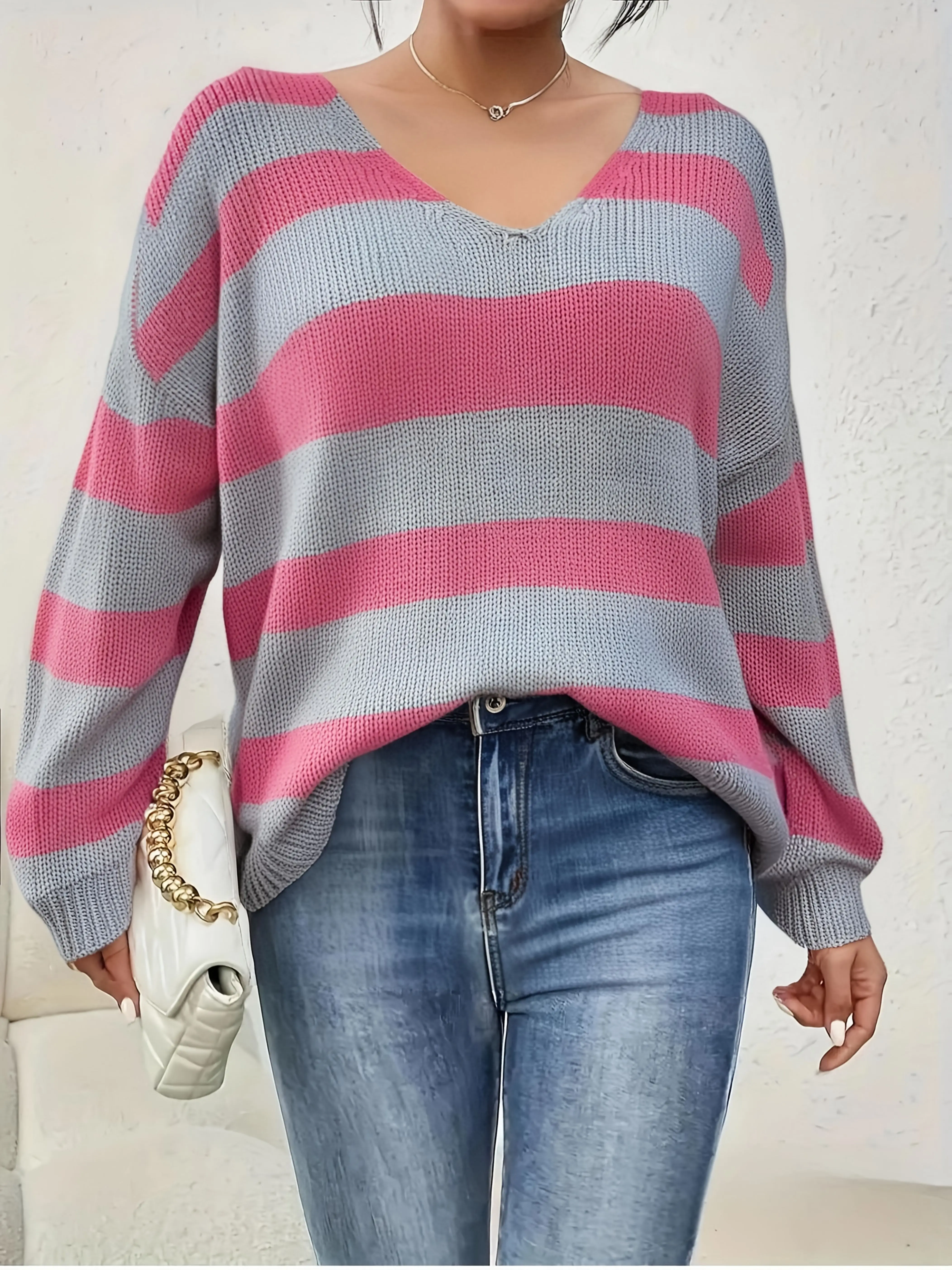 Plus Size Women Cartoon Pink Light Grey Striped Sweater V Neck Long Sleeve Oversized Loose Fit Casual Autumn Winter Pullover
Plus Size Women Cartoon Pink Light Grey Striped Sweater V Neck Long Sleeve Oversized Loose Fit Casual Autumn Winter Pullover