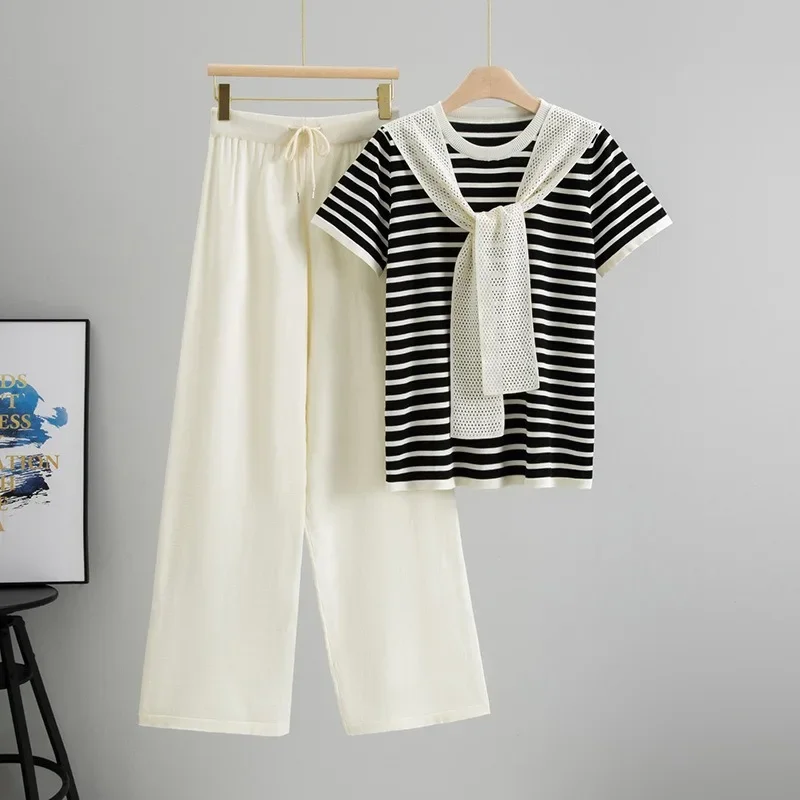 Fashion Sport striped T-shirt+Lace up elastic waist pants 2-piece Sets Summer Women's Set New Casual loose Bow Shirt pants Suit
Fashion Sport striped T-shirt+Lace up elastic waist pants 2-piece Sets Summer Women's Set New Casual loose Bow Shirt pants Suit
