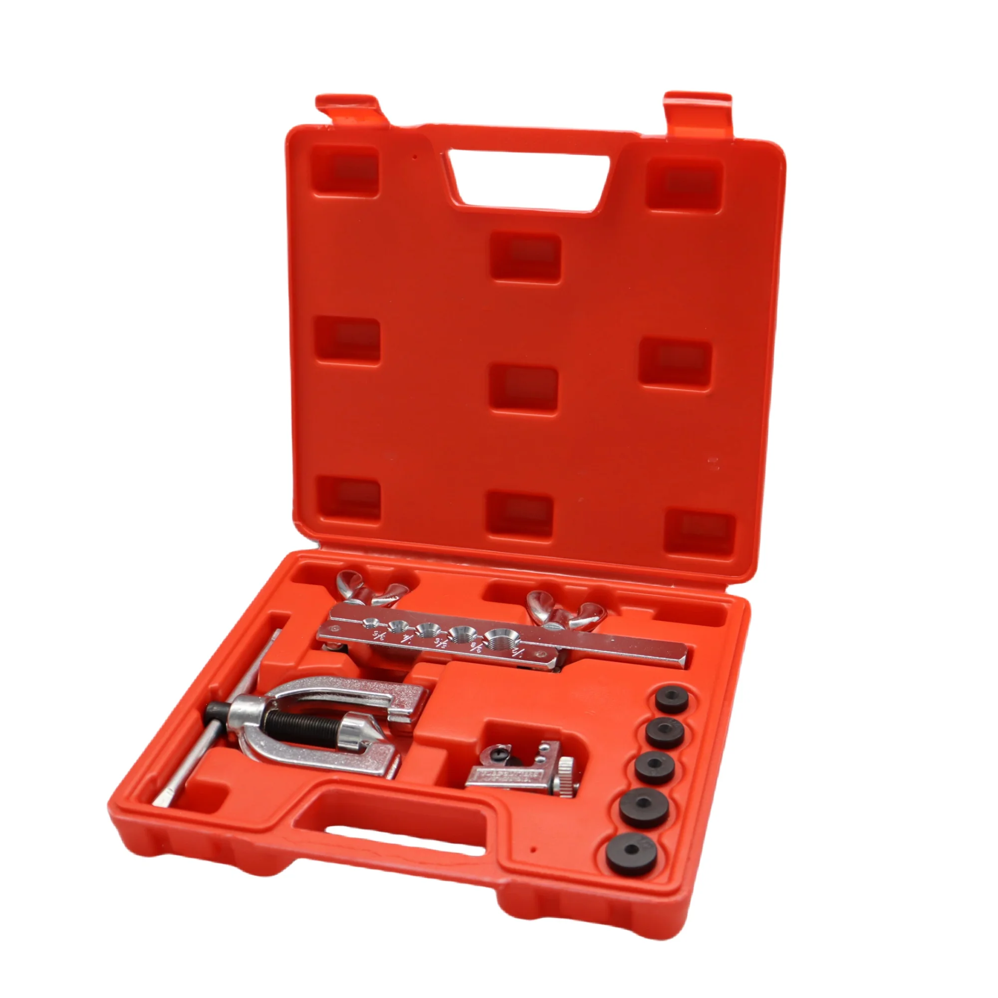 Набор для развальцовки тормозных шлангов, подходит для ремонта медных, алюминиевых и латунных тормозных шлангов диаметром 3/16, 1/4, 5/16, 3/8, 1/2 дюйма.
Набор для развальцовки тормозных шлангов, подходит для ремонта медных, алюминиевых и латунных тормозных шлангов диаметром 3/16, 1/4, 5/16, 3/8, 1/2 дюйма.