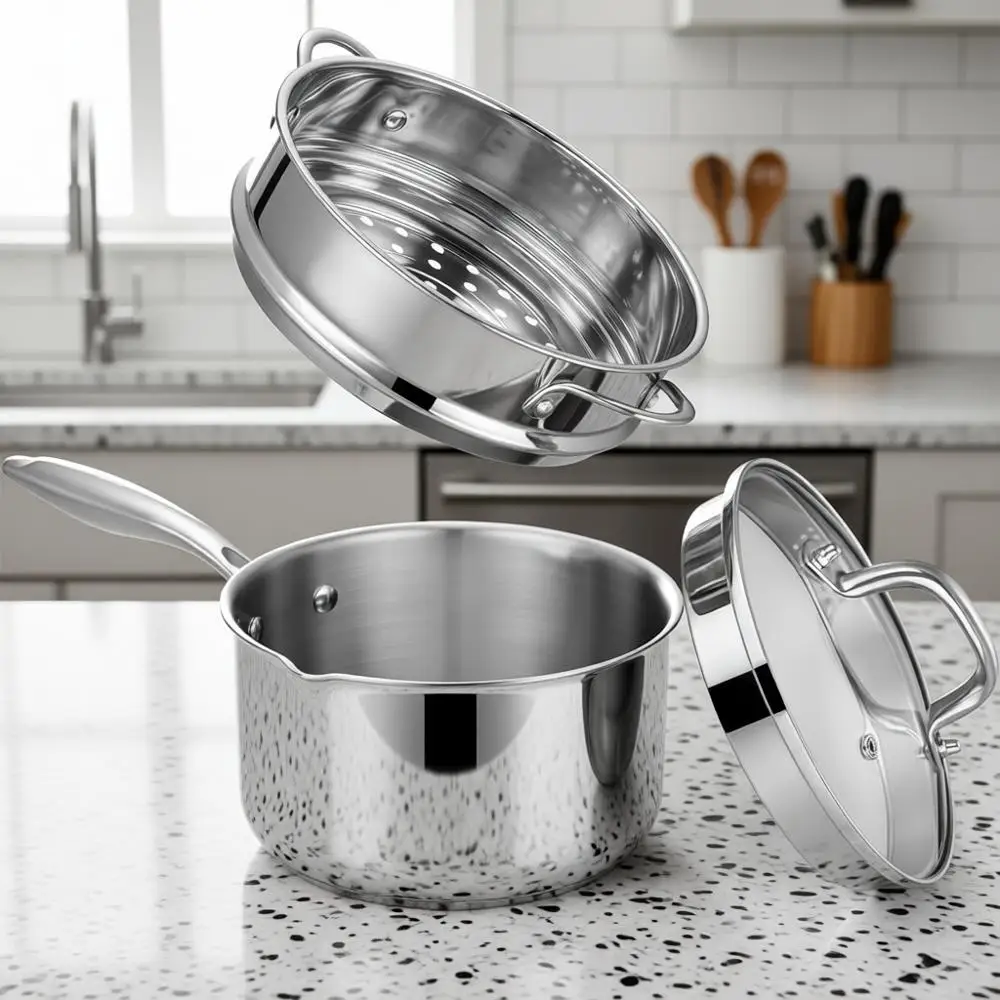 Stainless Steel Sauce Pan with Steamer Basket & Straining Glass Lid - 2-in-1 Multi-Function Pot for Sautéing, Boiling & Simmerin
Stainless Steel Sauce Pan with Steamer Basket & Straining Glass Lid - 2-in-1 Multi-Function Pot for Sautéing, Boiling & Simmerin