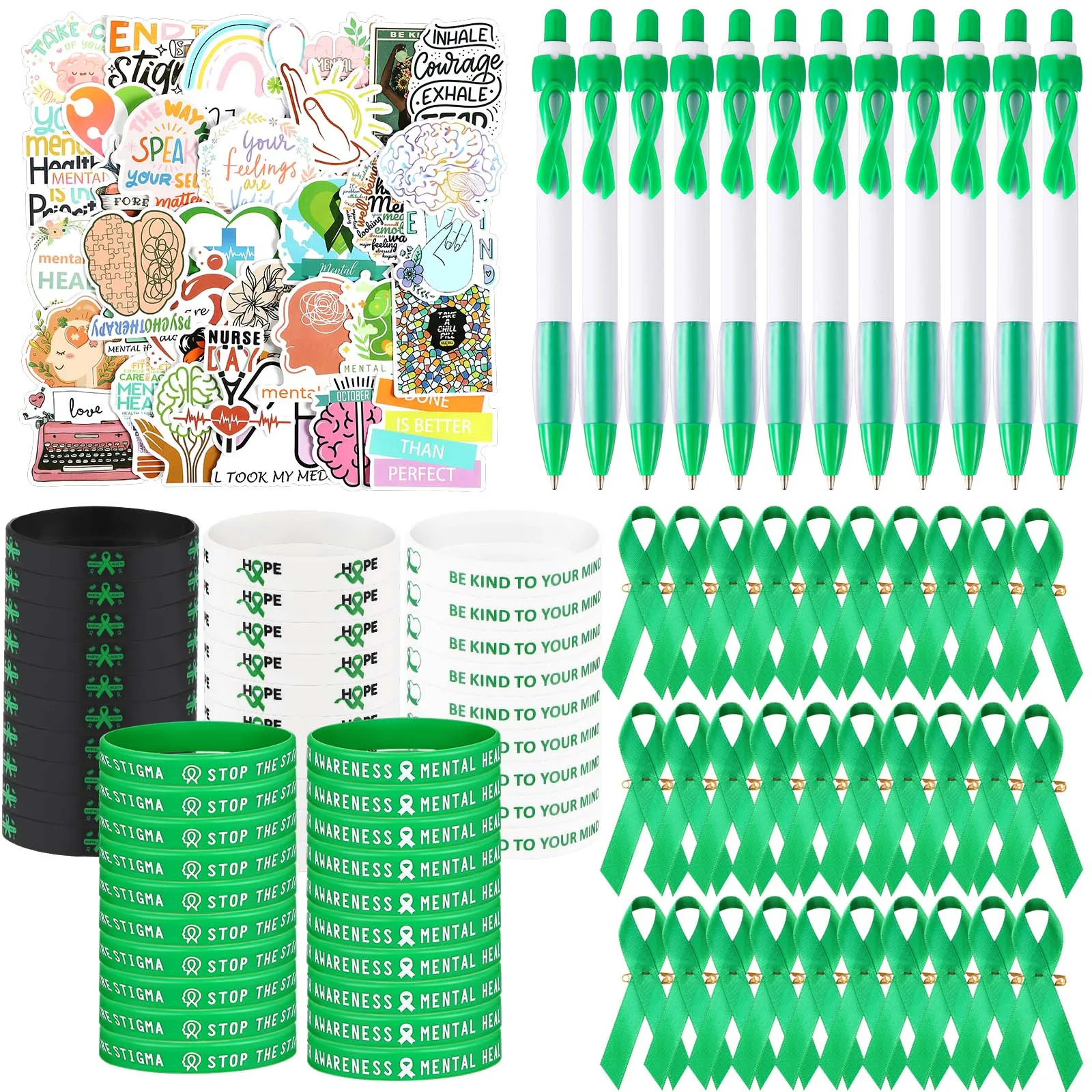 Gift for Her/Him 398pcs Mental Health Awareness Supplies with Stickers, Wristbands, Pens & Green Ribbon Pins Suitable for, Offices, Groups - Plastic Ribbon Gifts for Mental Health Advocacy, Decorations
Gift for Her/Him 398pcs Mental Health Awareness Supplies with Stickers, Wristbands, Pens & Green Ribbon Pins Suitable for, Offices, Groups - Plastic Ribbon Gifts for Mental Health Advocacy, Decorations