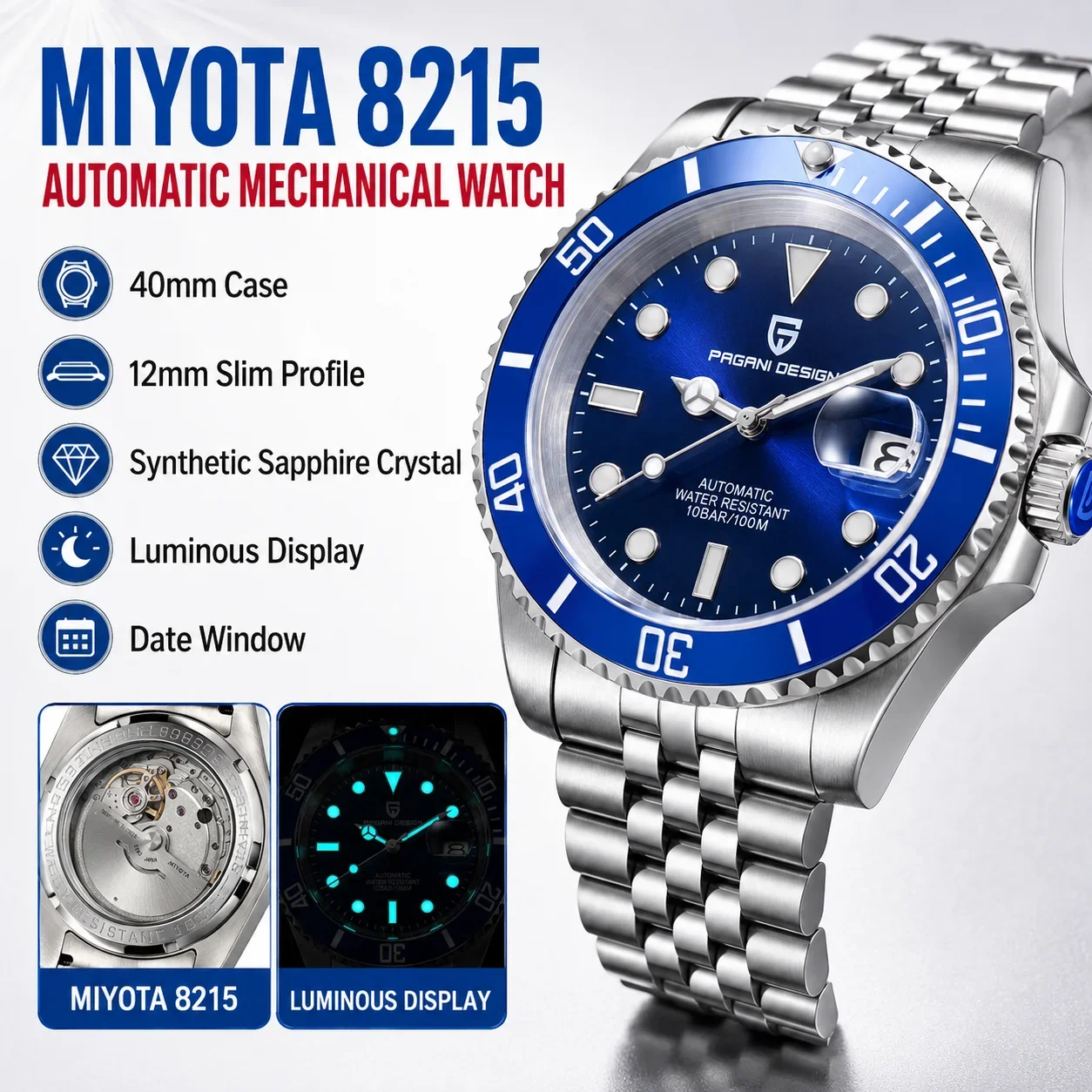 PAGANI DESIGN PD1661 Miyota 8215 Automatic Men's Watch Blue Dial Ceramic Bezel Sapphire Steel Five-Link Luminous Date 100M
PAGANI DESIGN PD1661 Miyota 8215 Automatic Men's Watch Blue Dial Ceramic Bezel Sapphire Steel Five-Link Luminous Date 100M