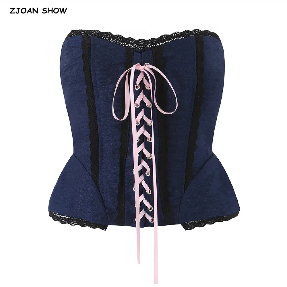 Sexy Cross Lacing Up Bandage Front Spliced Lace Strapless Corset Women Summer Zip Up Back Tank Tops Bodycon Strapless Crop Top
Sexy Cross Lacing Up Bandage Front Spliced Lace Strapless Corset Women Summer Zip Up Back Tank Tops Bodycon Strapless Crop Top