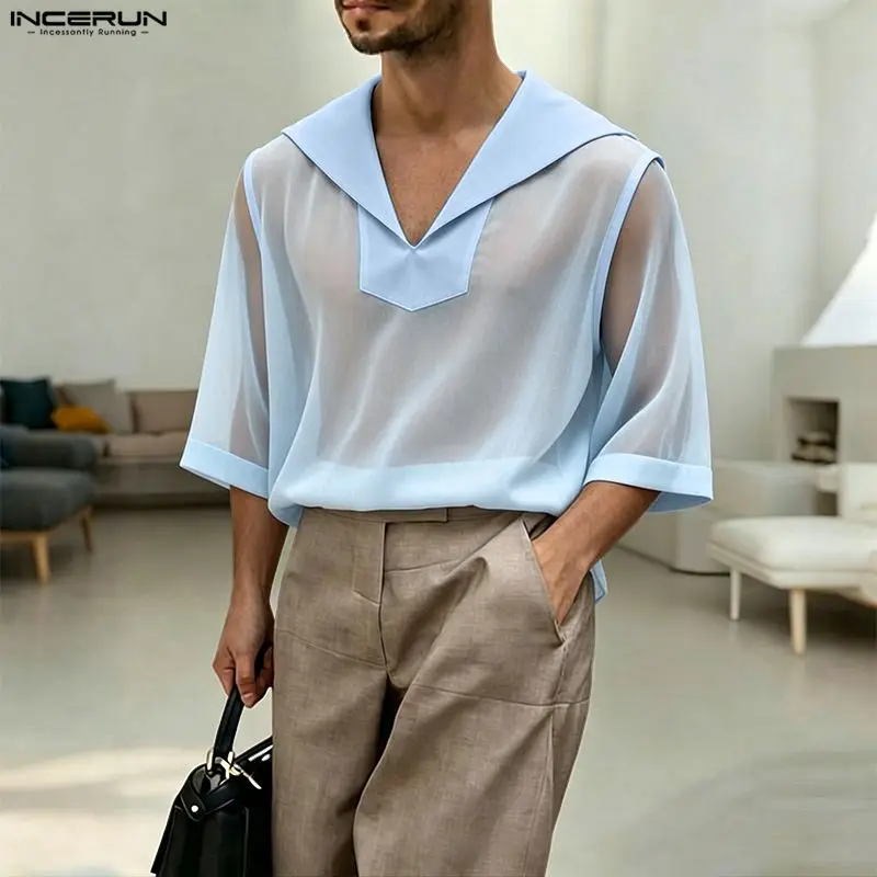 INCERUN Men's Shirt Mesh Patchwork Navy Collar Half Sleeve Shirts For Man Summer See Through 2026 Fashion Sexy Men Clothes Tops
INCERUN Men's Shirt Mesh Patchwork Navy Collar Half Sleeve Shirts For Man Summer See Through 2026 Fashion Sexy Men Clothes Tops