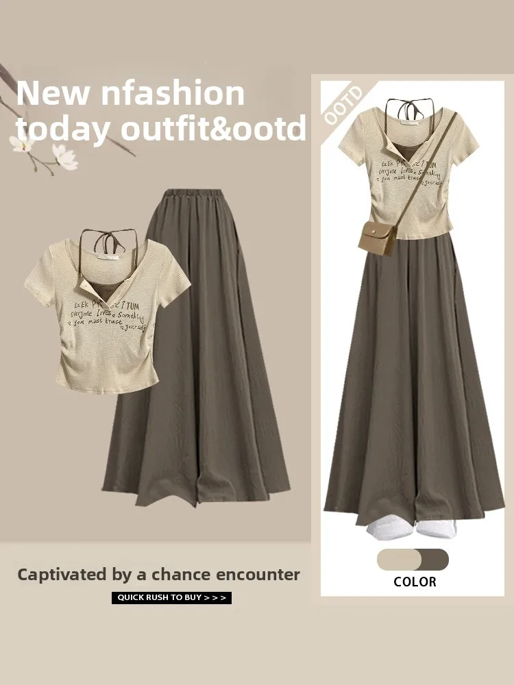 American Retro Short Sleeve T-Shirt Set Casual Slim Fit Neck Hanging Top with Skirt Pants Two-Piece Set for Young Women
American Retro Short Sleeve T-Shirt Set Casual Slim Fit Neck Hanging Top with Skirt Pants Two-Piece Set for Young Women