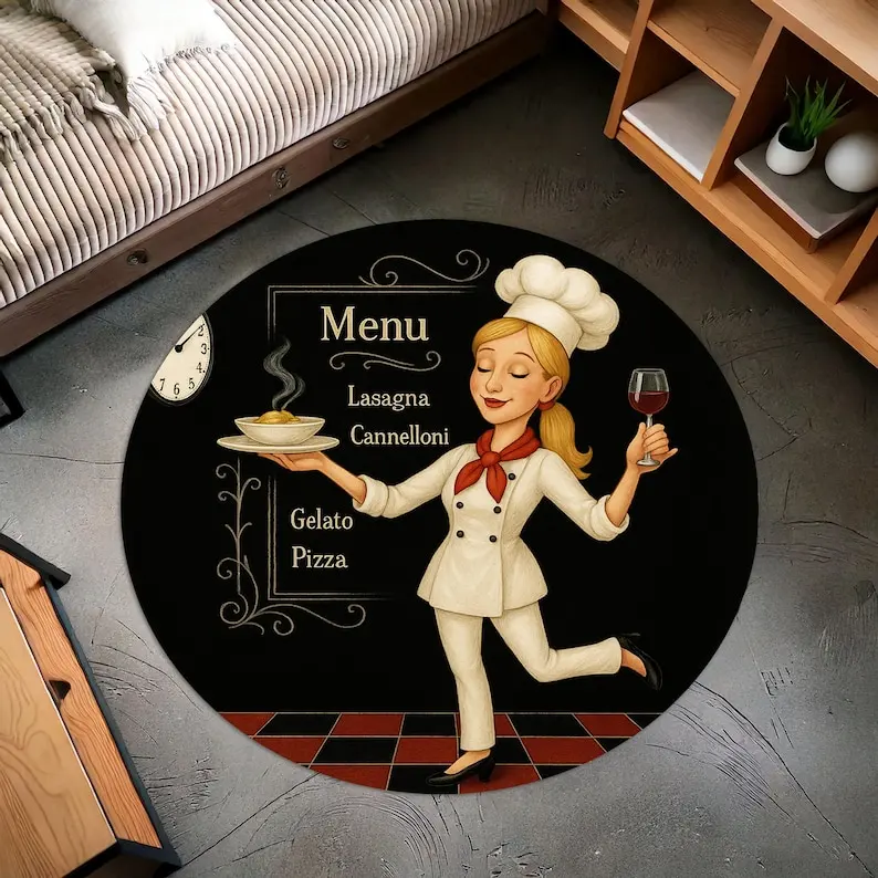 Blonde Chef Round Kitchen Rug, Retro Menu Design Cooking Mat for Dining Room,Non-Slip Cafe Theme Decor,Fun Restaurant Style Gift
