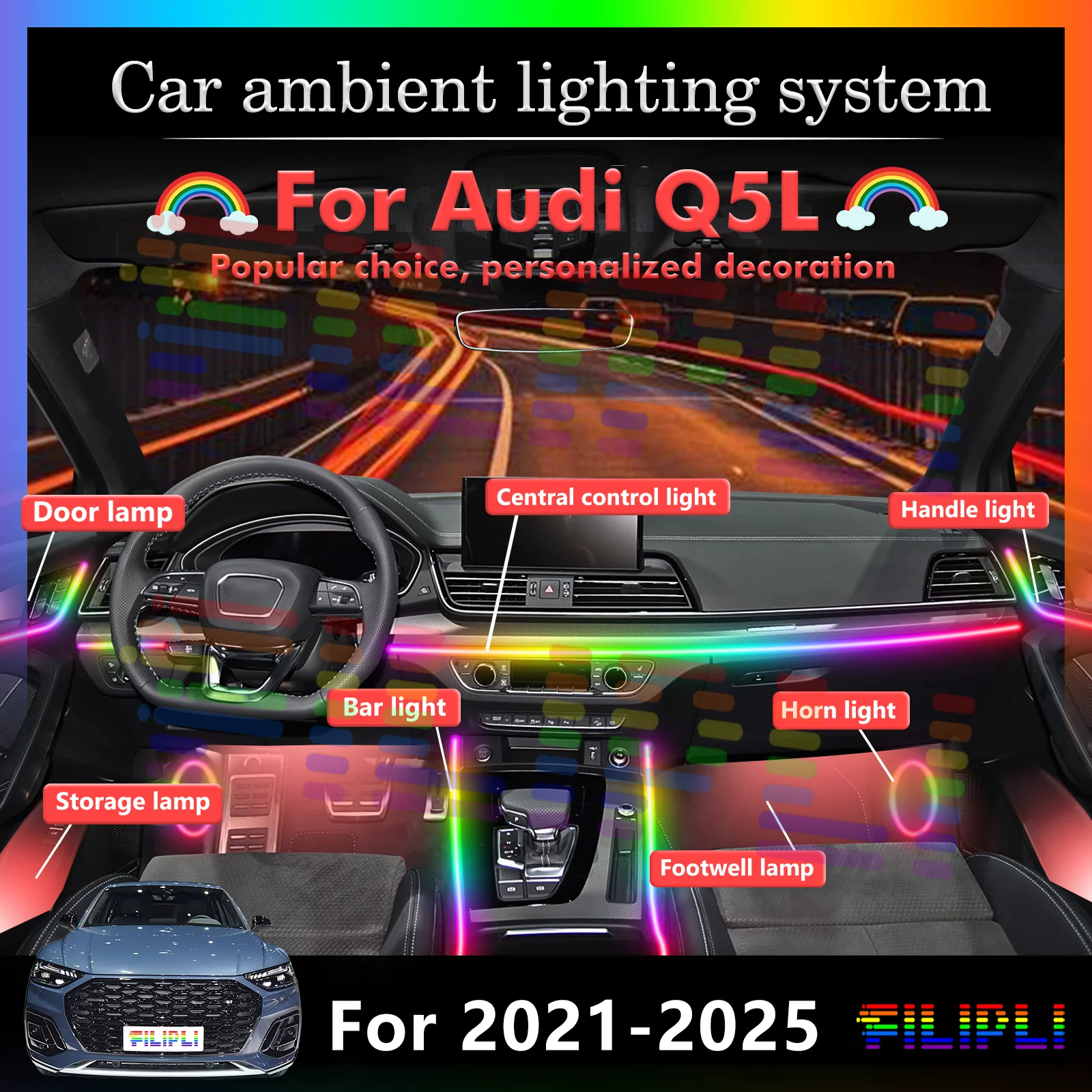 For Audi Q5L Car Interior LED Decorative Mood Light, Multi-color Adjustable Ambient Lamp
For Audi Q5L Car Interior LED Decorative Mood Light, Multi-color Adjustable Ambient Lamp